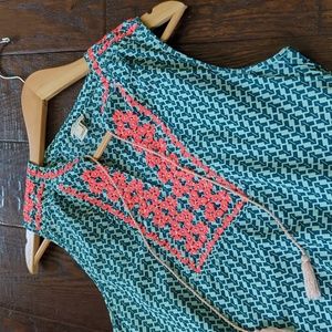 J. CREW I Blue & Pink Sleeveless Embroidered V-Neck Blouse Top with Tassels, 6